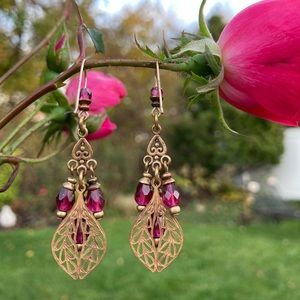 Handmade golden filigree dangle drop earrings with pink stones